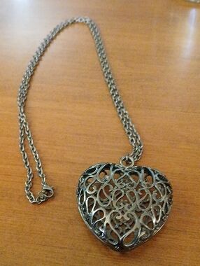 Long Filigree Heart Pendant Necklace - Silver Toned Statement